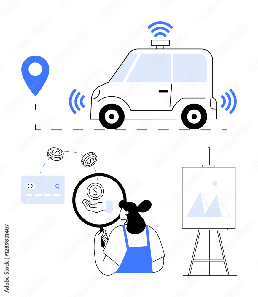 Autonomous car using GPS tracking, person analyzing financial data with magnifying glass, and easel for project planning. Ideal for technology, finance, navigation, mapping, data analysis, AI urban Autonomous car using GPS tracking, person analyzing financial data with magnifying glass, and easel for project planning. Ideal for technology, finance, navigation, mapping, data analysis, AI urban