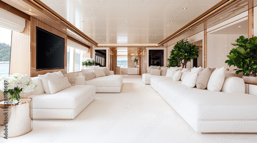 Fototapeta premium Luxurious yacht interior lounge; sea view; serene; relaxing; travel