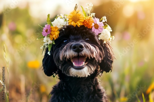 Soft daylight. Cute baby dog portuguese water dog wearing fierce flower crown on its head. Holiday season happiness. Bright and cheerful summer day. Joyful pet with natureâ€™s touch. photo