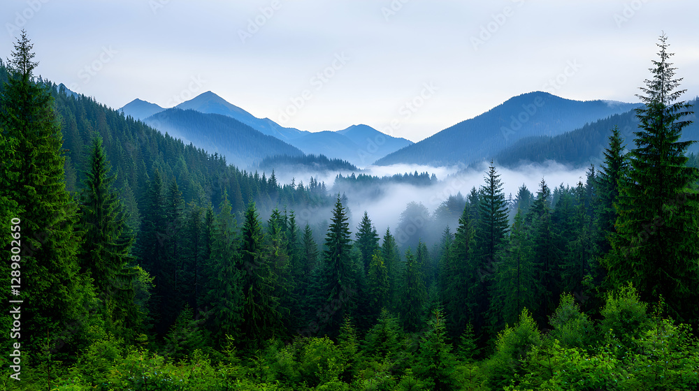 Misty Mountain Landscape with Green Forest Misty Mountain Landscape with Green Forest
