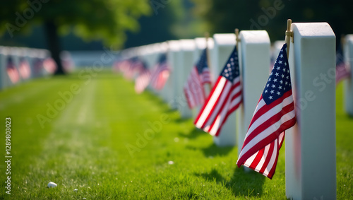 A respectful image of a military cemetery, with rows of headstones adorned with American flags, conveying a sense of honor and remembrance.