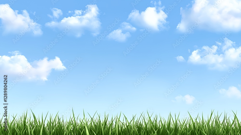 Vibrant Green Grass Against a Blue Sky with Fluffy Clouds Vibrant Green Grass Against a Blue Sky with Fluffy Clouds