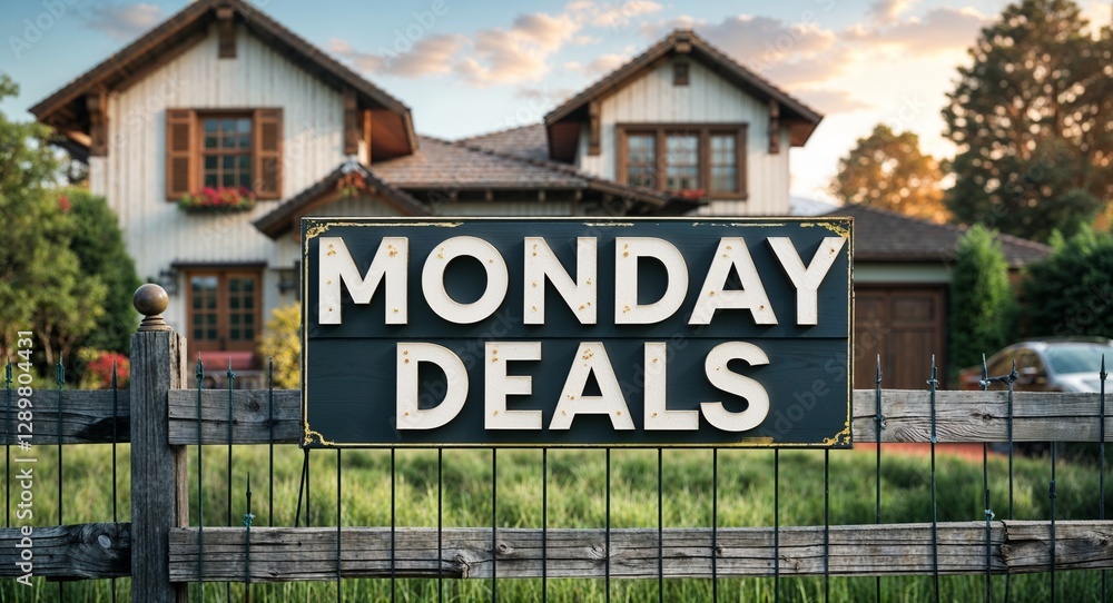 Fototapeta premium Monday deals lettering on sign at fence with house background