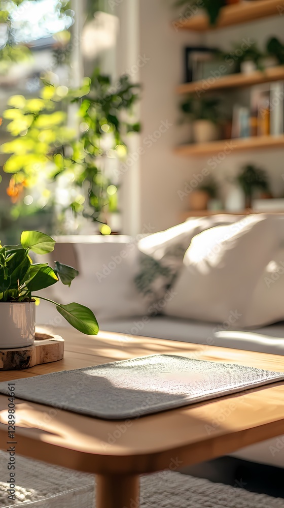 Fototapeta premium Indoor wooden table and plant poster background with Generative