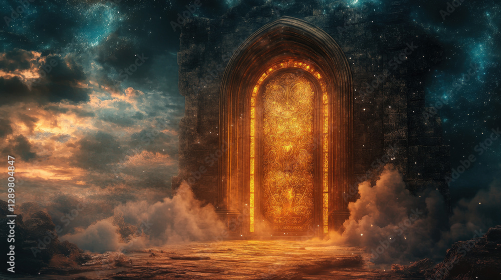 Fototapeta premium A mystical golden portal glowing brightly in the clouds, surrounded by a celestial and dreamlike atmosphere.