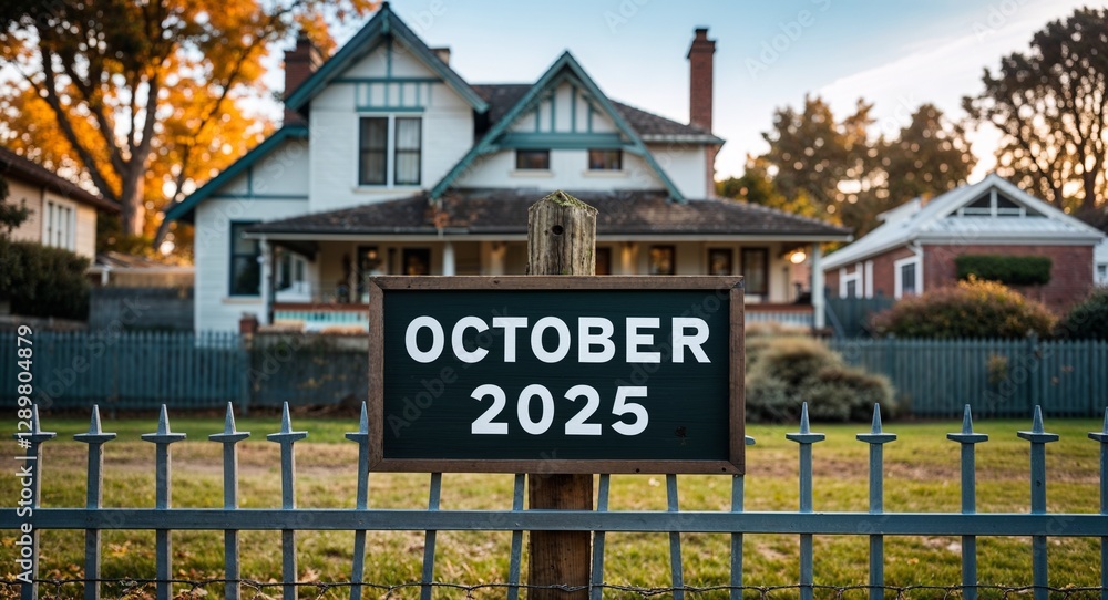 Obraz premium october 2025 lettering on sign at fence with house background