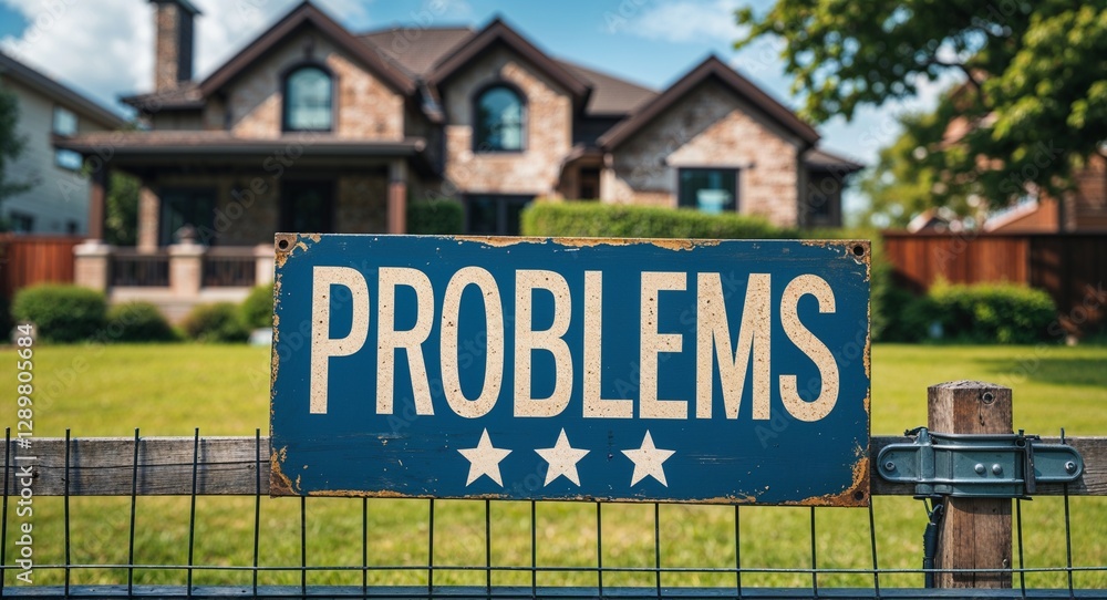 Fototapeta premium problems lettering on sign at fence with house background