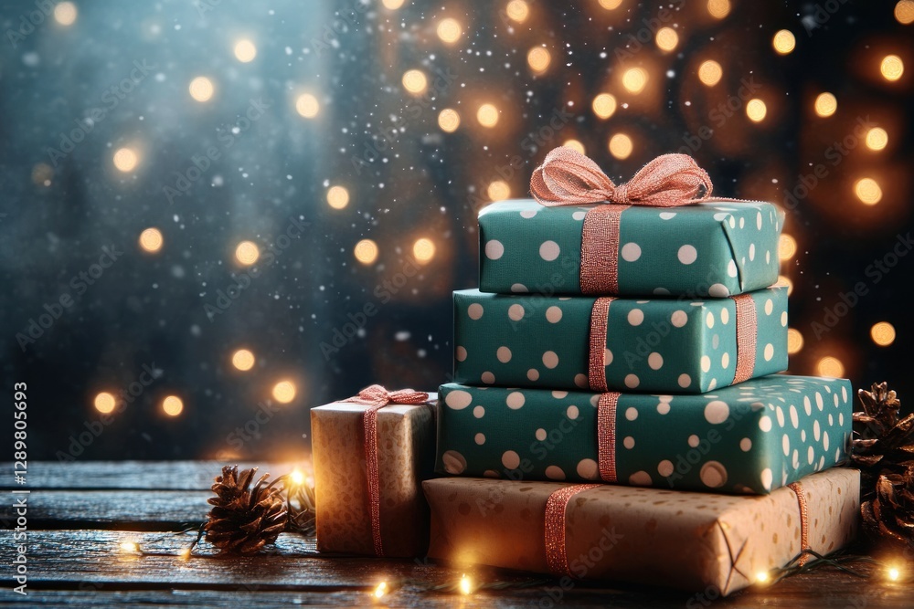 Cozy Festive Scene of Stacked Gift Boxes with Ribbons and Candlelight on Rustic Table Cozy Festive Scene of Stacked Gift Boxes with Ribbons and Candlelight on Rustic Table