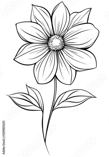Line art drawing of a single flower with leaves.
