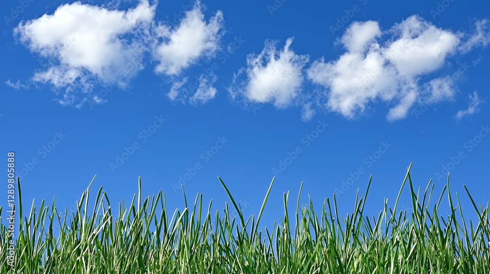 Vibrant Green Grass Against a Clear Blue Sky with Fluffy White Clouds Vibrant Green Grass Against a Clear Blue Sky with Fluffy White Clouds
