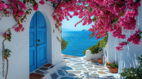 A beautiful white and blue arched door overlooking the sea, surrounded by vibrant pink bougainvillea flowers.

