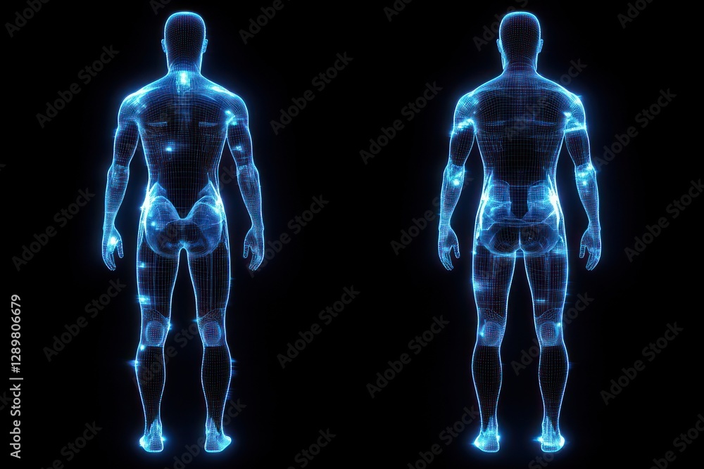 Futuristic Blue Wireframe Human Figure 3D Rendering Front and Back View Glowing Neon Light Against Black Background Futuristic Blue Wireframe Human Figure 3D Rendering Front and Back View Glowing Neon Light Against Black Background