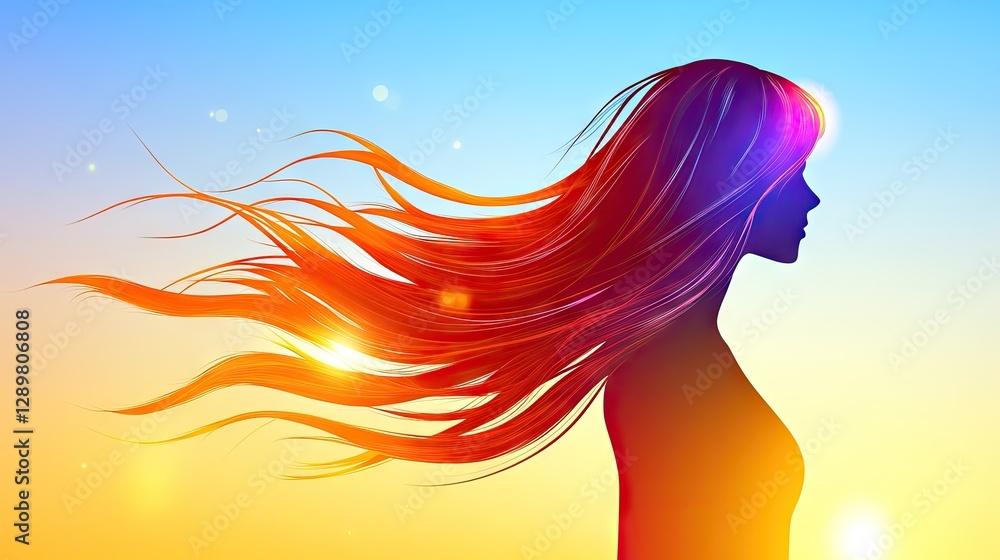 Woman, sunset, flowing hair, freedom, peace, inspirational design