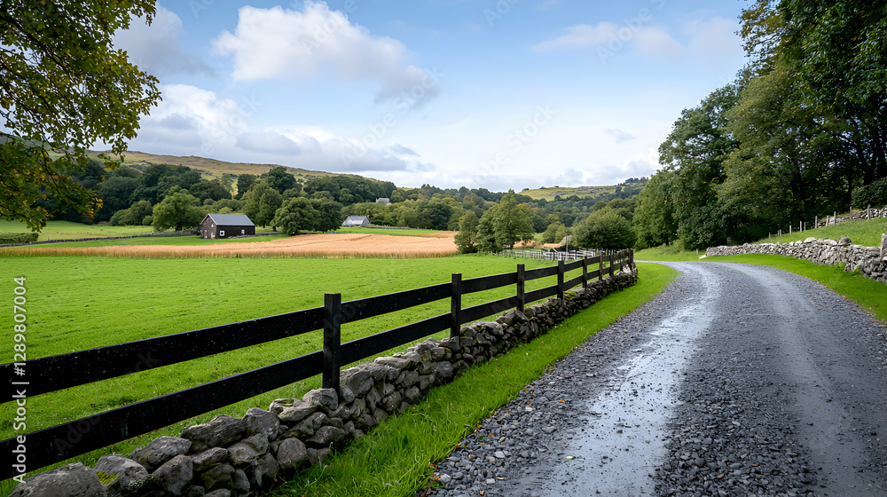 Peaceful Rural Countryside with Golden Fields and a Winding Road Peaceful Rural Countryside with Golden Fields and a Winding Road