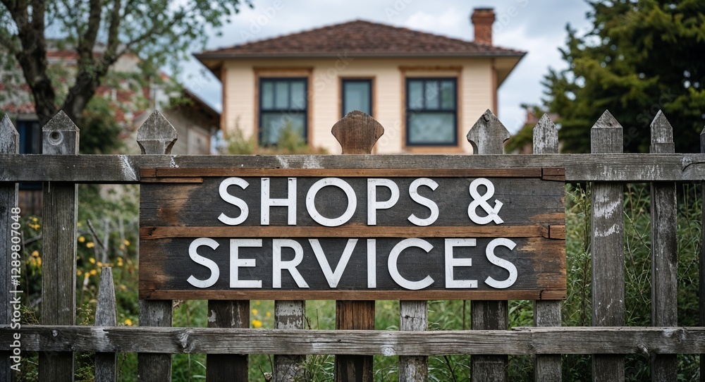 Shops and Services lettering on sign at fence with house background Shops and Services lettering on sign at fence with house background