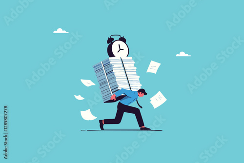 Weighed Down by Deadlines, Exhausted Businessman Struggling with Heavy Paperwork and a Ticking Alarm Clock