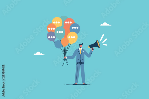 Amplifying Ideas, Businessman Holding Speech Bubble Balloons While Communicating Through a Megaphone