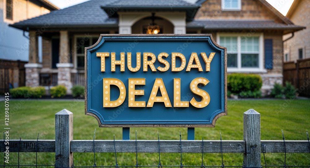 Fototapeta premium Thursday deals lettering on sign at fence with house background