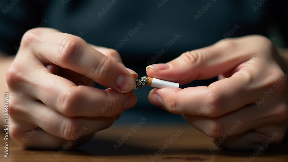 Fototapeta premium A close-up of hands breaking a cigarette in half, symbolizing the decision to quit smoking.