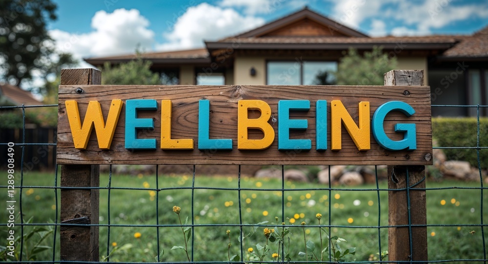 Obraz premium wellbeing lettering on sign at fence with house background
