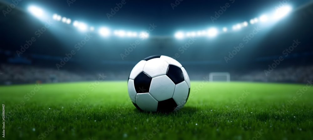 Fototapeta premium Soccer ball on green field, dramatic stadium lighting, sports match atmosphere
