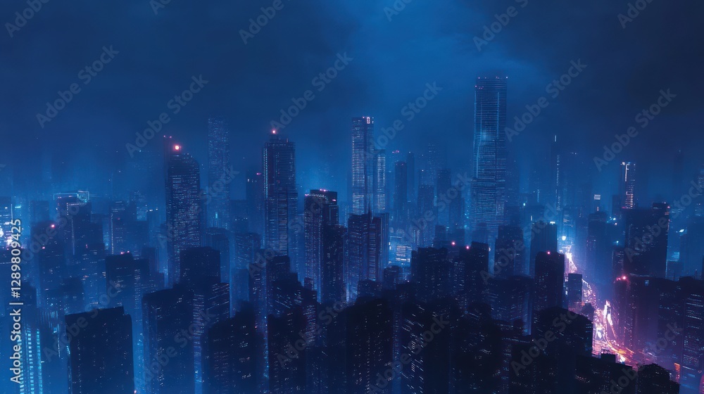3D Rendering of Futuristic Cyberpunk Cityscape at Night with Neon Illuminated Skyscrapers and Misty Atmosphere 3D Rendering of Futuristic Cyberpunk Cityscape at Night with Neon Illuminated Skyscrapers and Misty Atmosphere