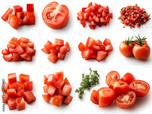 Freshly cut tomatoes showcase various preparations of the red fruits