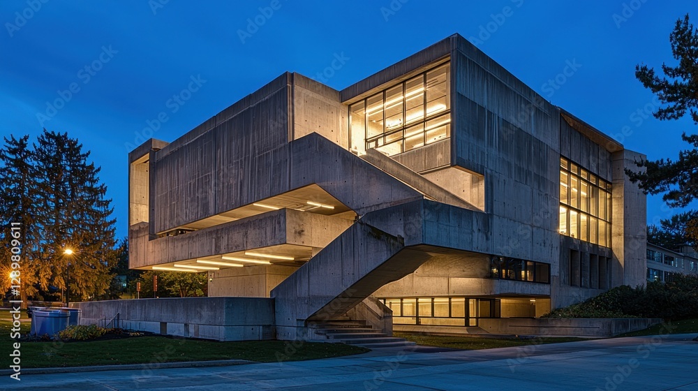 A neo-brutalist concrete building at dusk with dramatic lighting casting sharp shadows, showcasing its raw, angular design A neo-brutalist concrete building at dusk with dramatic lighting casting sharp shadows, showcasing its raw, angular design