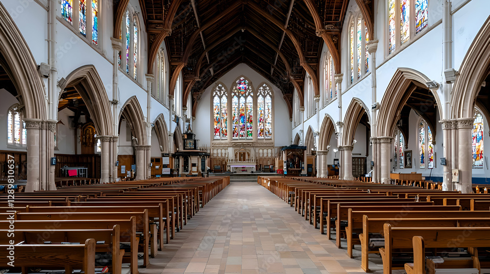 Fototapeta premium Spacious Church Interior with Wooden Pews and Stained Glass