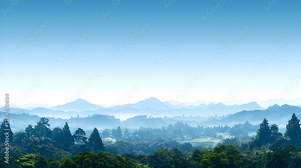 Naklejka premium Serene Misty Mountain Landscape Under a Blue Sky