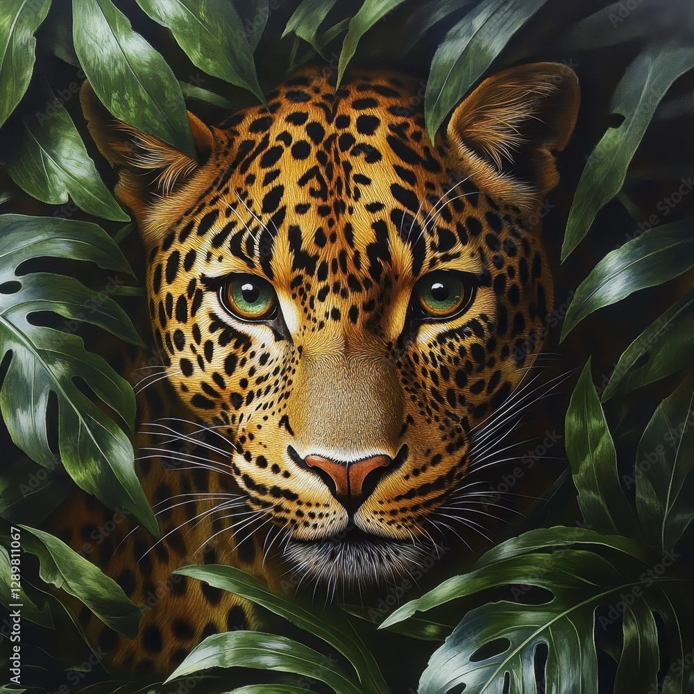 Naklejka premium Majestic Leopard Surrounded by Lush Green Jungle Foliage