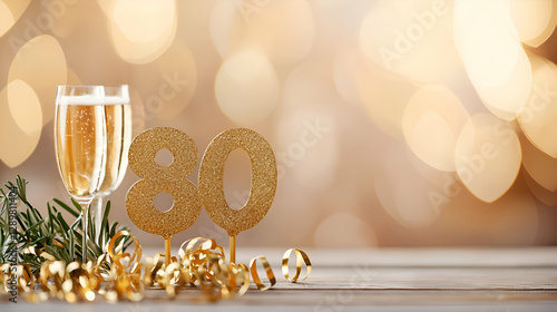 Eighty Years Celebration with Champagne and Gold Glitter