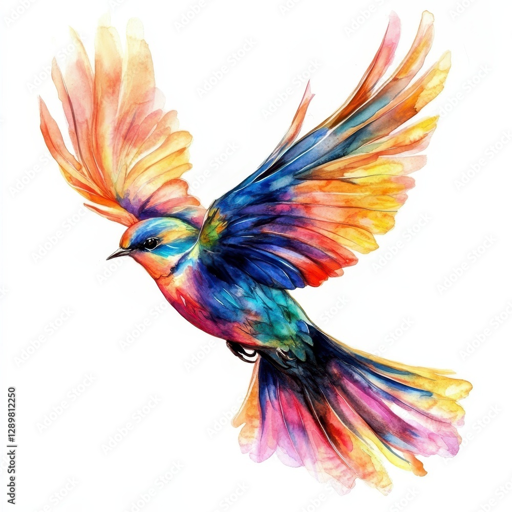 Obraz premium Colorful Watercolor Bird with Vibrant Wings in Flight