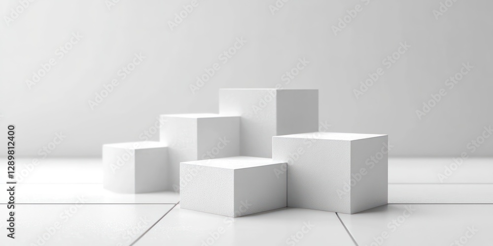 Obraz premium Minimalist 3D Render of Three White Geometric Blocks on Reflective Surface for Product Presentation or Award Ceremony