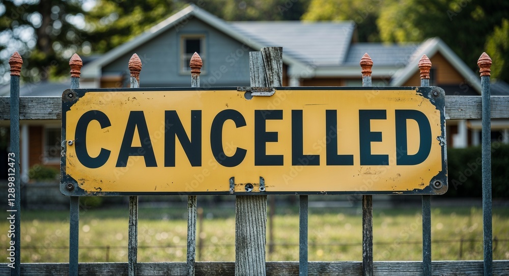Obraz premium cancelled lettering on sign at fence with house background