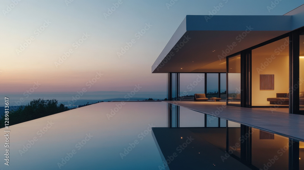 Fototapeta premium A sleek contemporary infinity pool villa with open glass walls and a breathtaking oceanfront view at sunset.