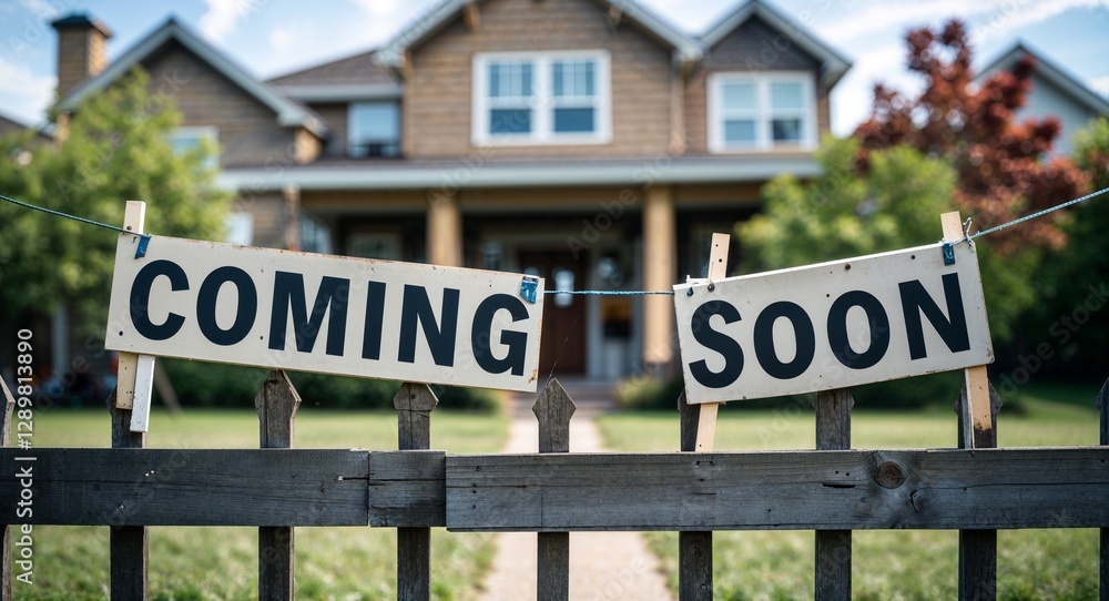 Obraz premium coming soon lettering on sign at fence with house background