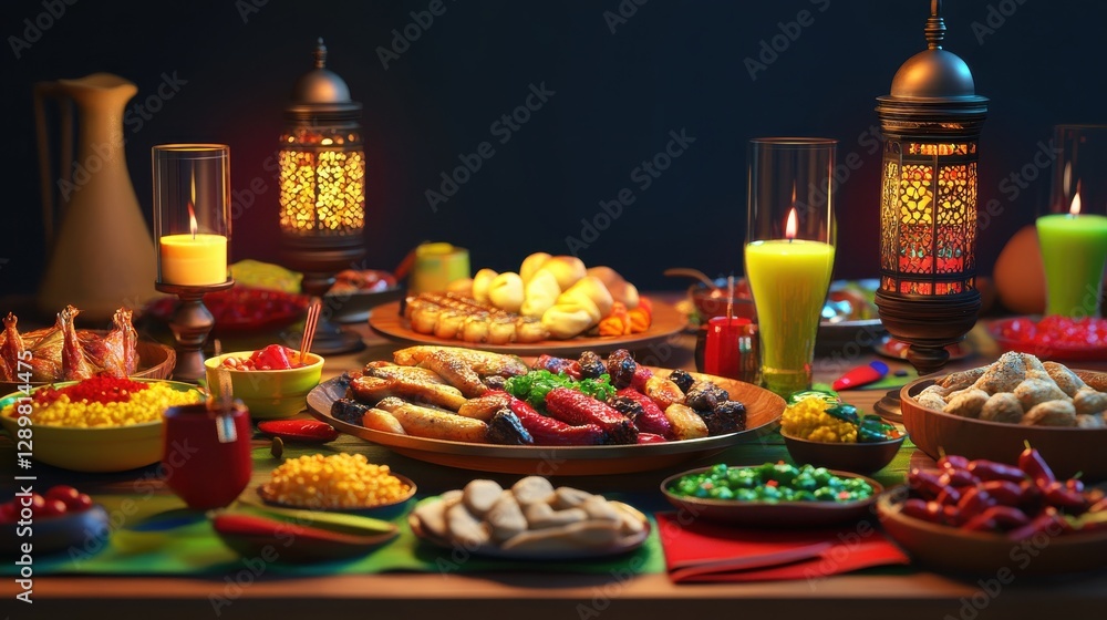 Vibrant Table Setting with Colorful Dishes and Exotic Decorations Vibrant Table Setting with Colorful Dishes and Exotic Decorations