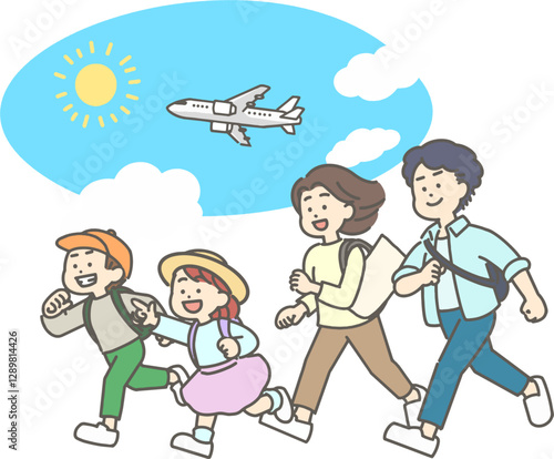 飛行機で旅行をする家族のイラスト
