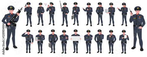 
Police Officer Character Design Model Sheet. Man, Character design. Front, side, back view and explainer animation poses. Character set with lip sync and Walk cycle animation sequences.
