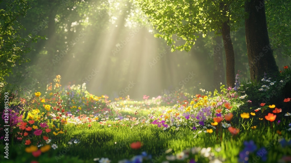 Fototapeta premium Beautiful colorful wild flowers in deep foggy forest with sun light in Spring.