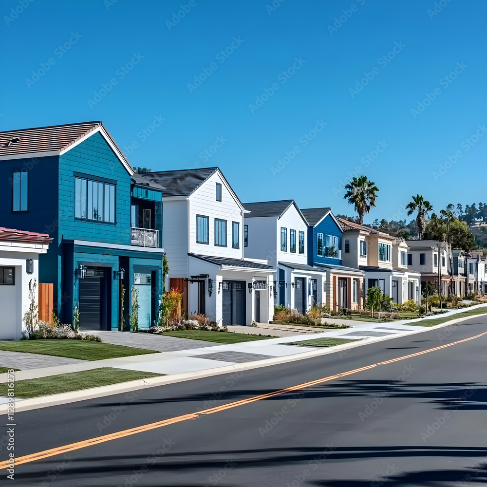 Suburban Homes, Colorful Houses Row, Real Estate Illustration Suburban Homes, Colorful Houses Row, Real Estate Illustration