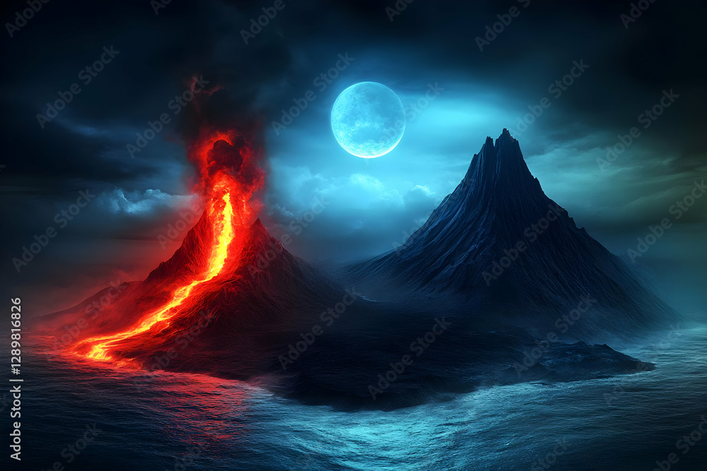 Naklejka premium Volcanic Eruption Night 3D Illustration