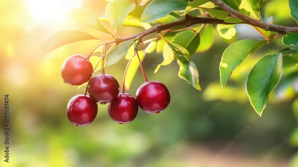 Fresh Red Cherries on a Tree Branch Illuminated by Warm Summer Light in a Vibrant Orchard Fresh Red Cherries on a Tree Branch Illuminated by Warm Summer Light in a Vibrant Orchard
