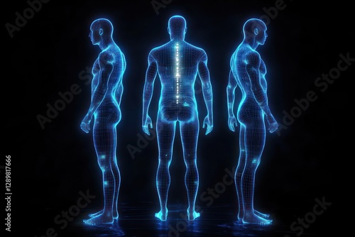 Futuristic Glowing Wireframe Male Anatomy 3D Rendering Front and Back Views Isolated on Black Background