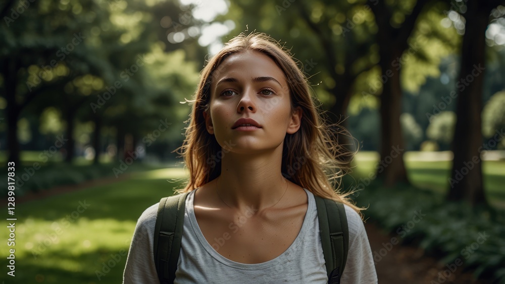 Contemplative Stroll: A portrait of a woman in nature, her gaze reflecting introspection amidst a pathway of sun-dappled trees. Contemplative Stroll: A portrait of a woman in nature, her gaze reflecting introspection amidst a pathway of sun-dappled trees.