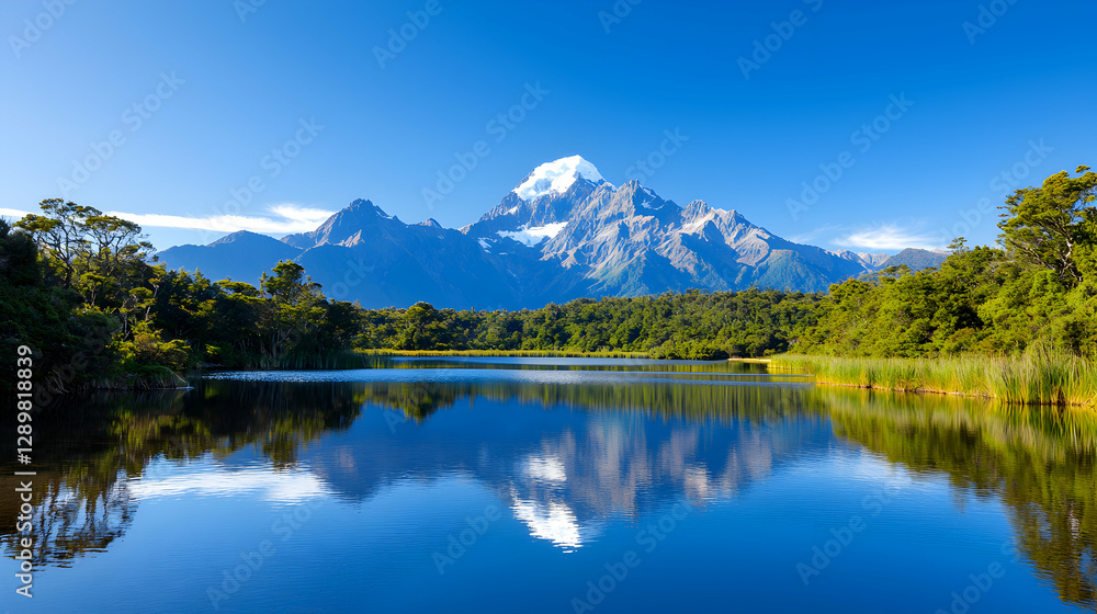 Serene Mountain Lake Reflection under a Bright Blue Sky Serene Mountain Lake Reflection under a Bright Blue Sky