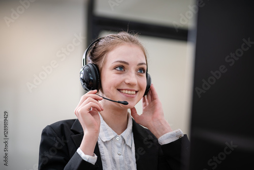 Obraz na płótnie Call center staff are providing business conversation services in the office. w salonie