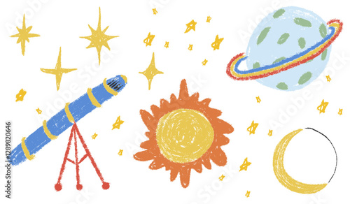 Galaxy space kids chalk drawings set. Collection freehand child baby hand drawn scribble elements. Textured cute planet, stars, moon, sun, telescope. Colourful vector illustration isolated