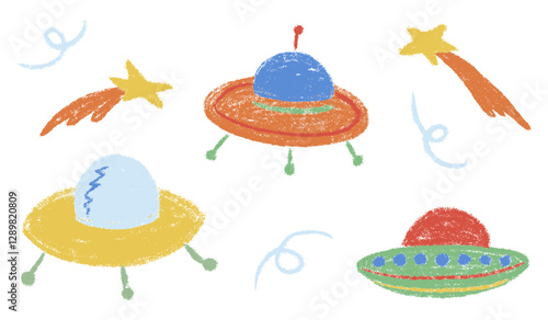 Galaxy space ship kids chalk drawings set. Collection freehand child baby hand drawn scribble elements. Textured cute stars and alien UFO spaceship. Colourful vector illustration isolated